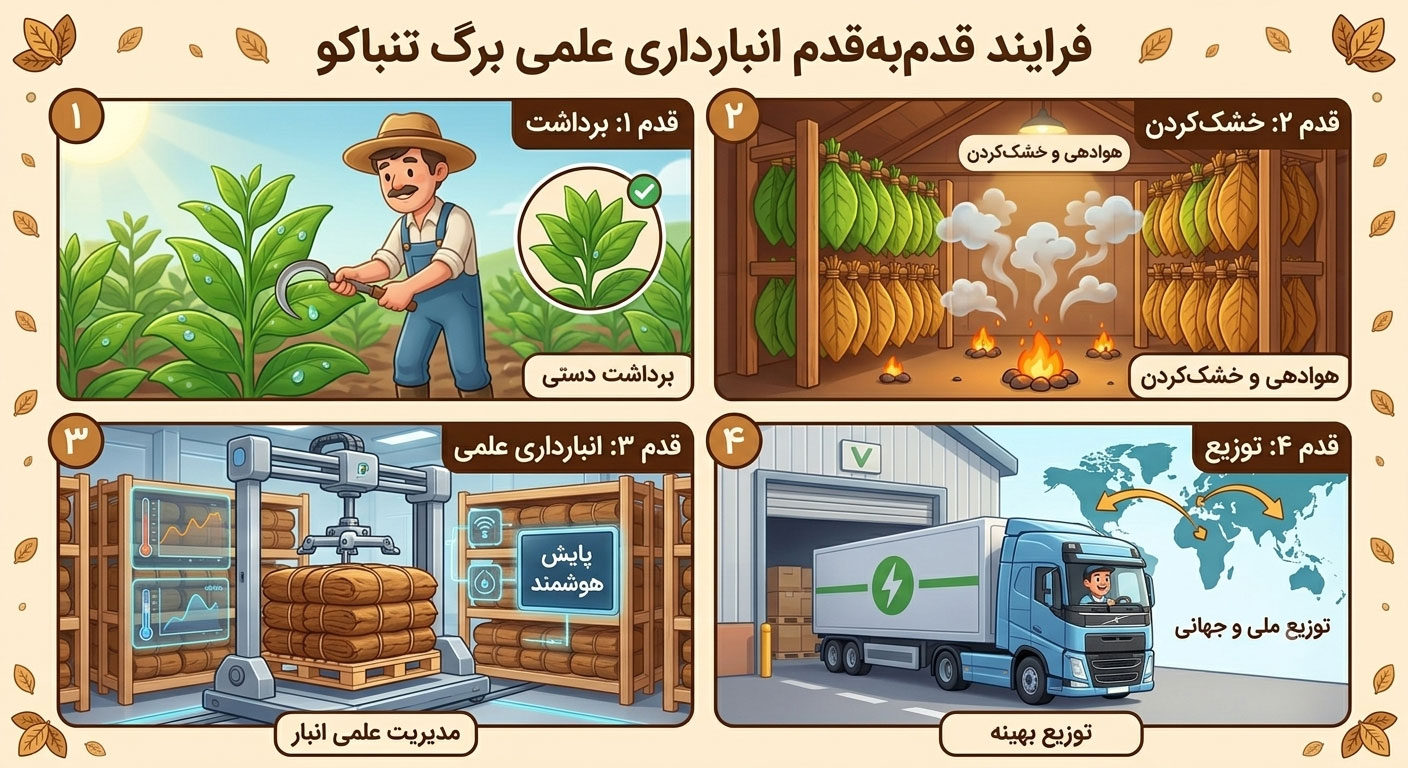 📦 گام به گام – فرایند علمی انبارداری برگ توتون